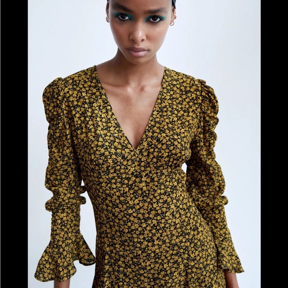ZARA Mustard Floral Long Sleeve Dress - Picture 2 of 4